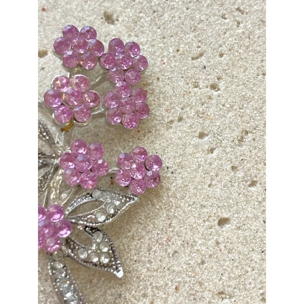 Vintage Pink‎ Rhinestone Flower Spray Brooch Silver Tone Floral Spring Romantic
